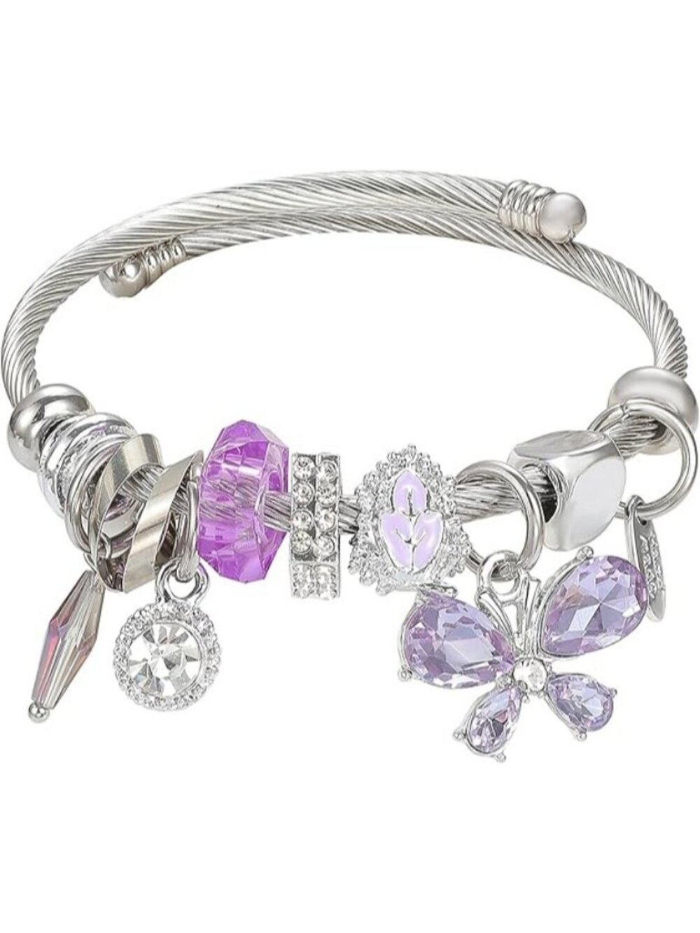 Silver-purple Butterfly Cool Charm Bracelet Silver Stainless Steel Bangle